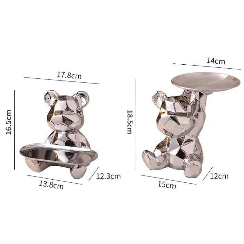 Geometric Bear Statue with Tray Storage, Ceramic Plating Piggy Bank, Key, Cosmetic Storage Box, Bookshelf Statue Decoration.
