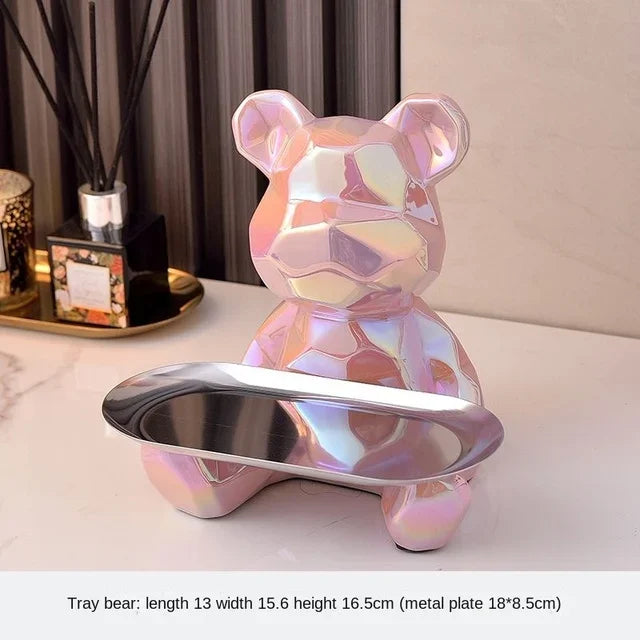 Geometric Bear Statue with Tray Storage, Ceramic Plating Piggy Bank, Key, Cosmetic Storage Box, Bookshelf Statue Decoration.