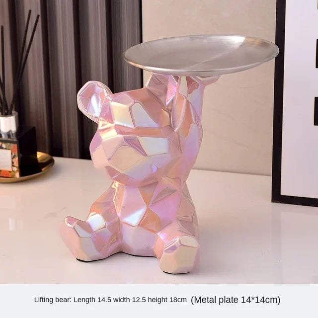 Geometric Bear Statue with Tray Storage, Ceramic Plating Piggy Bank, Key, Cosmetic Storage Box, Bookshelf Statue Decoration.