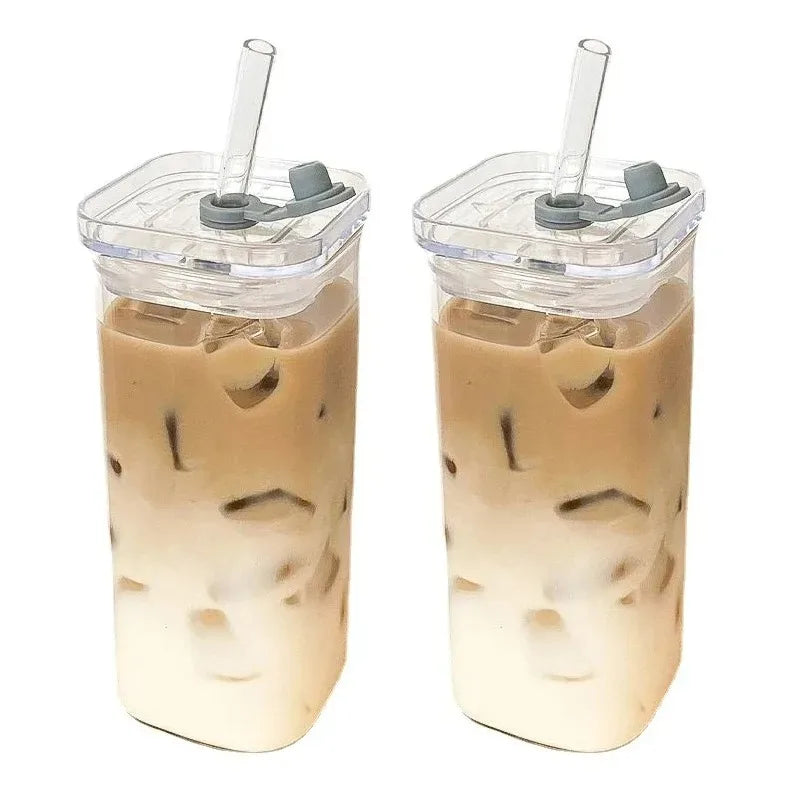 1Pcs Square Heat Resistant Coffee Glass Cup with Lid and Straw Transparent Milk Tea Juice Cups Coffee Mug for Home Bar Drinkware