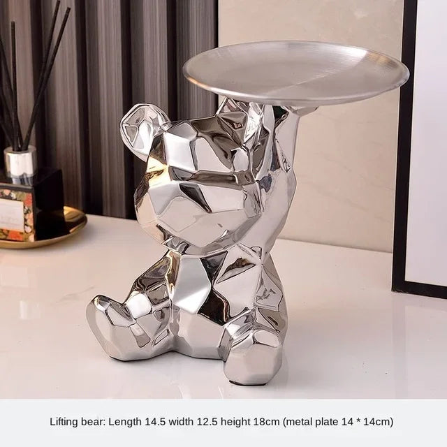 Geometric Bear Statue with Tray Storage, Ceramic Plating Piggy Bank, Key, Cosmetic Storage Box, Bookshelf Statue Decoration.