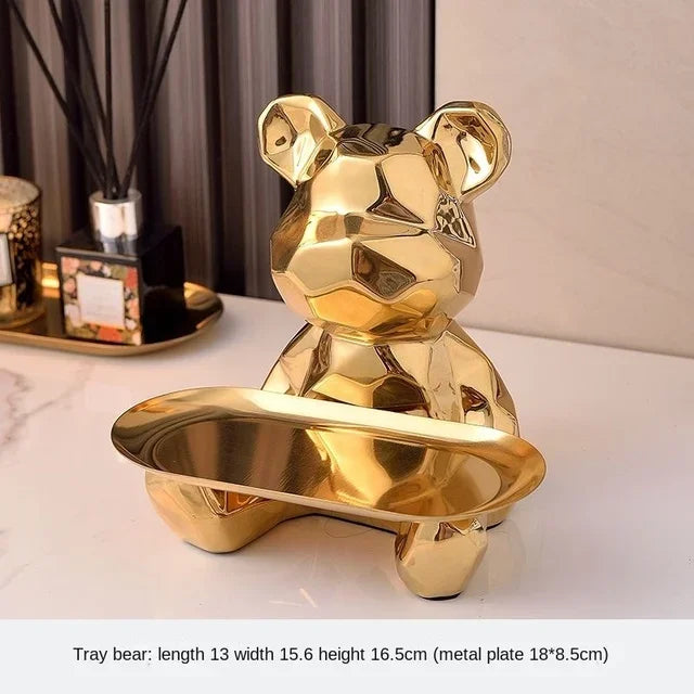 Geometric Bear Statue with Tray Storage, Ceramic Plating Piggy Bank, Key, Cosmetic Storage Box, Bookshelf Statue Decoration.