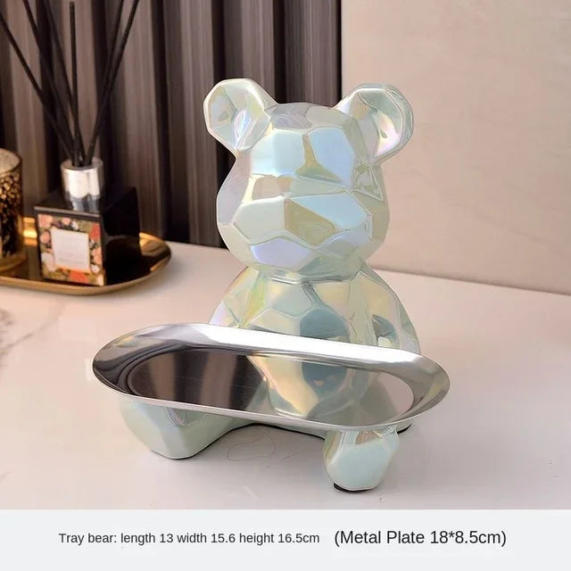 Geometric Bear Statue with Tray Storage, Ceramic Plating Piggy Bank, Key, Cosmetic Storage Box, Bookshelf Statue Decoration.