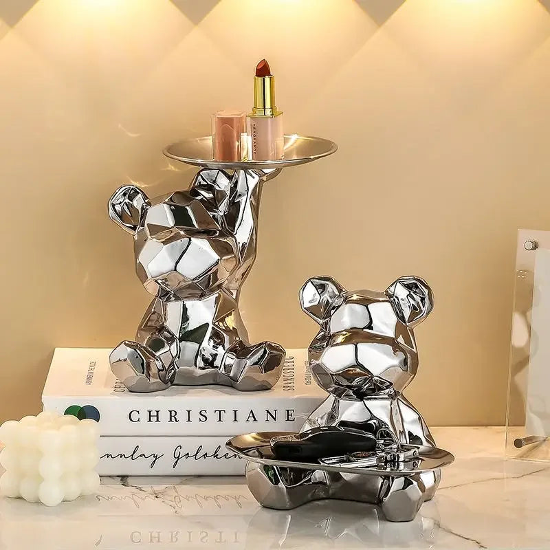 Geometric Bear Statue with Tray Storage, Ceramic Plating Piggy Bank, Key, Cosmetic Storage Box, Bookshelf Statue Decoration.
