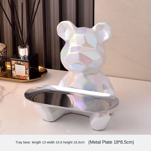 Geometric Bear Statue with Tray Storage, Ceramic Plating Piggy Bank, Key, Cosmetic Storage Box, Bookshelf Statue Decoration.