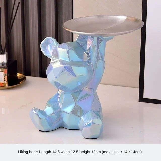 Geometric Bear Statue with Tray Storage, Ceramic Plating Piggy Bank, Key, Cosmetic Storage Box, Bookshelf Statue Decoration.