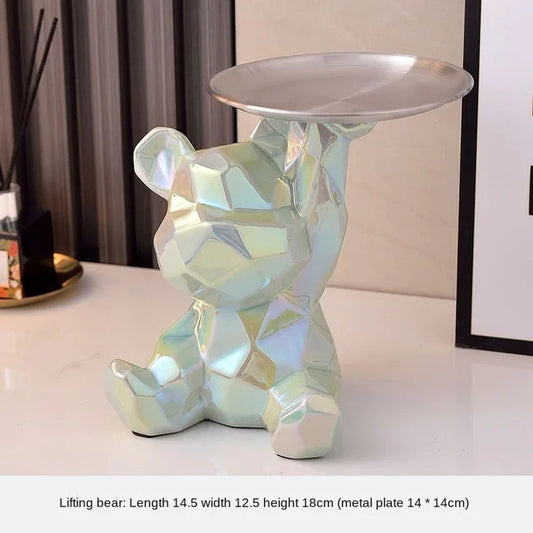 Geometric Bear Statue with Tray Storage, Ceramic Plating Piggy Bank, Key, Cosmetic Storage Box, Bookshelf Statue Decoration.