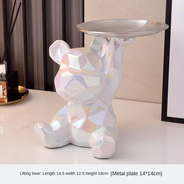 Geometric Bear Statue with Tray Storage, Ceramic Plating Piggy Bank, Key, Cosmetic Storage Box, Bookshelf Statue Decoration.