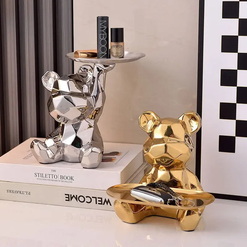 Geometric Bear Statue with Tray Storage, Ceramic Plating Piggy Bank, Key, Cosmetic Storage Box, Bookshelf Statue Decoration.