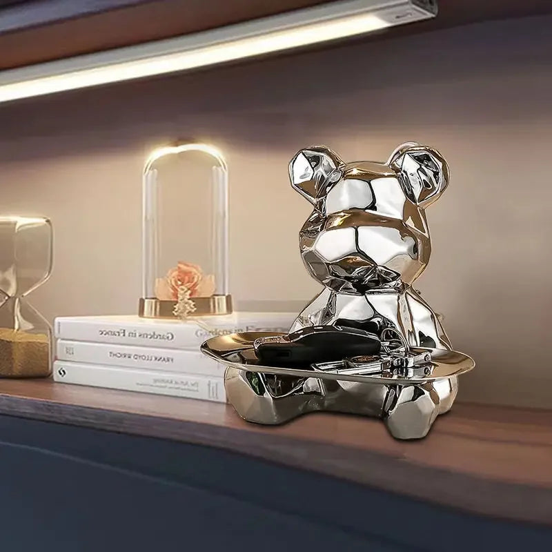 Geometric Bear Statue with Tray Storage, Ceramic Plating Piggy Bank, Key, Cosmetic Storage Box, Bookshelf Statue Decoration.