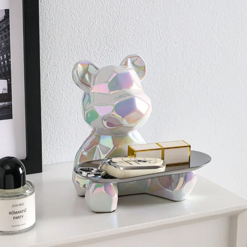 Geometric Bear Statue with Tray Storage, Ceramic Plating Piggy Bank, Key, Cosmetic Storage Box, Bookshelf Statue Decoration.