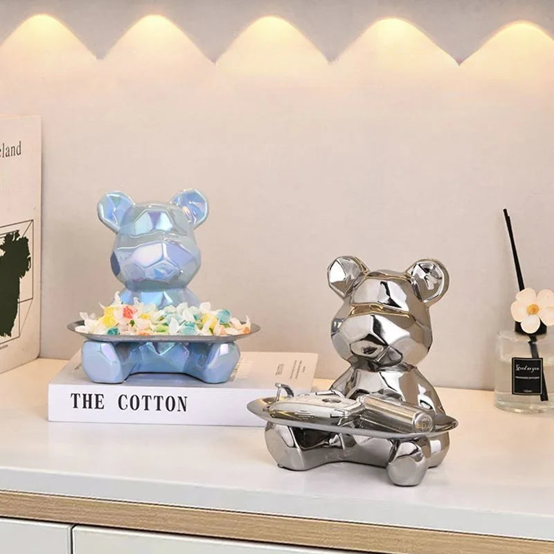 Geometric Bear Statue with Tray Storage, Ceramic Plating Piggy Bank, Key, Cosmetic Storage Box, Bookshelf Statue Decoration.