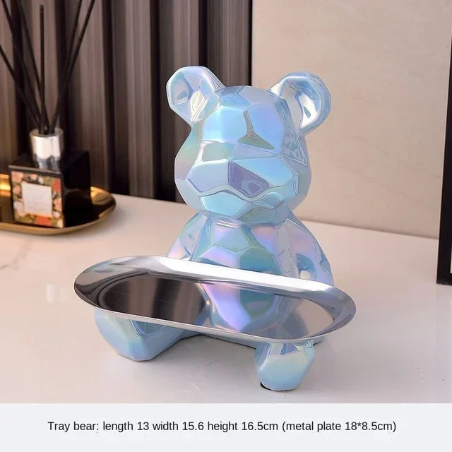 Geometric Bear Statue with Tray Storage, Ceramic Plating Piggy Bank, Key, Cosmetic Storage Box, Bookshelf Statue Decoration.
