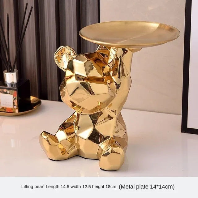 Geometric Bear Statue with Tray Storage, Ceramic Plating Piggy Bank, Key, Cosmetic Storage Box, Bookshelf Statue Decoration.