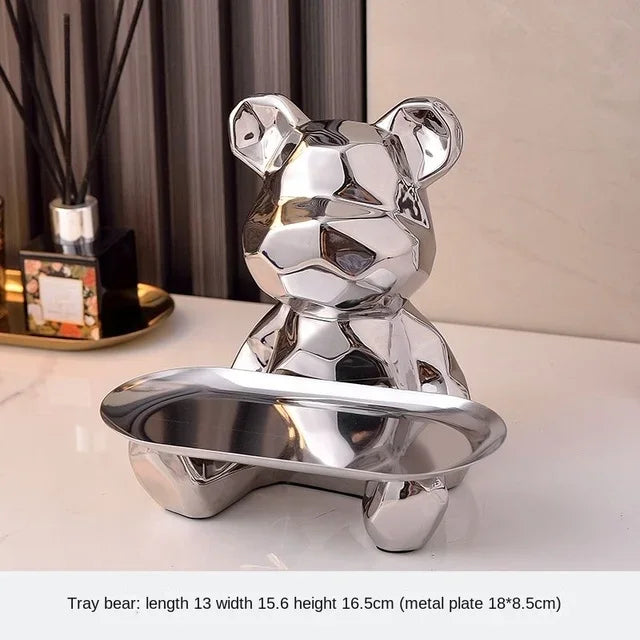 Geometric Bear Statue with Tray Storage, Ceramic Plating Piggy Bank, Key, Cosmetic Storage Box, Bookshelf Statue Decoration.